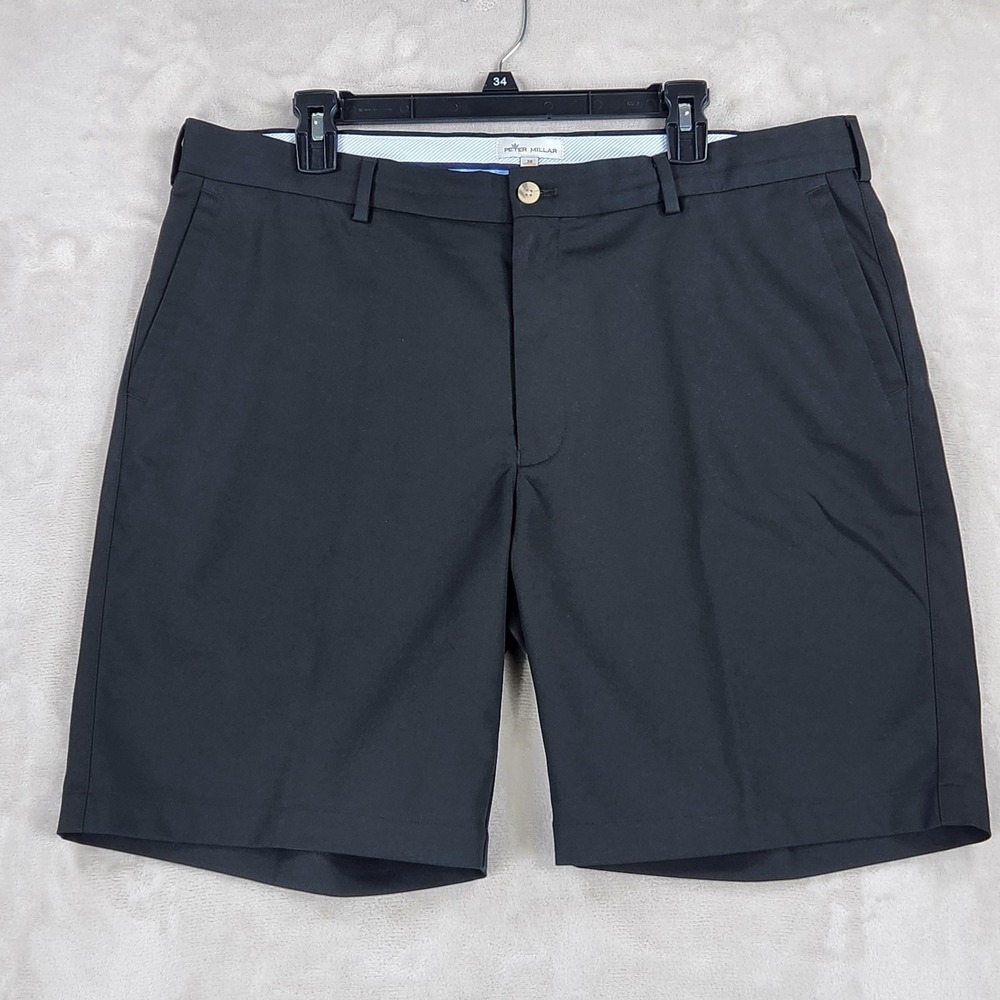 Peter Millar Shorts Mens 38 Black Performance Golf Flat Front 9 Inch Inseam